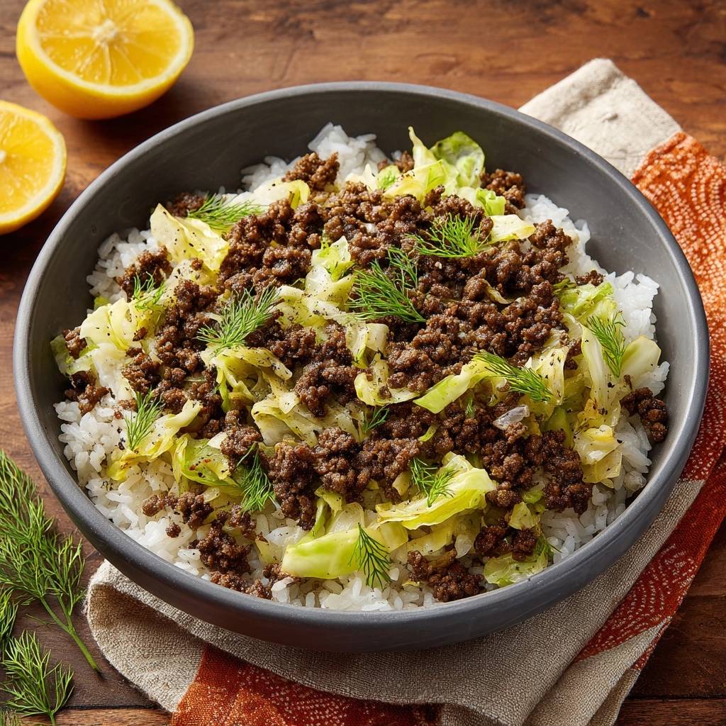Herzhafte Kohl-Hackfleisch-Pfanne auf Reis, detailreich garniert mit frischem Dill und Zitrone, serviert in einer Schüssel.