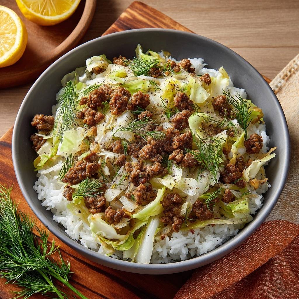 Herzhafte Kohl-Hackfleisch-Pfanne auf Reis, im Detail mit frischer Dillgarnitur und Zitronenspalten daneben.