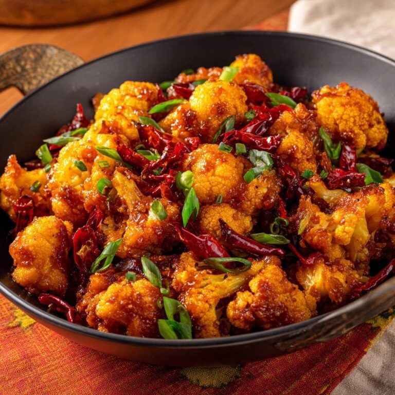 Würziger Kung Pao Blumenkohl mit getrockneten Chilis und Frühlingszwiebeln, im Detail garniert in einer schwarzen Schüssel.