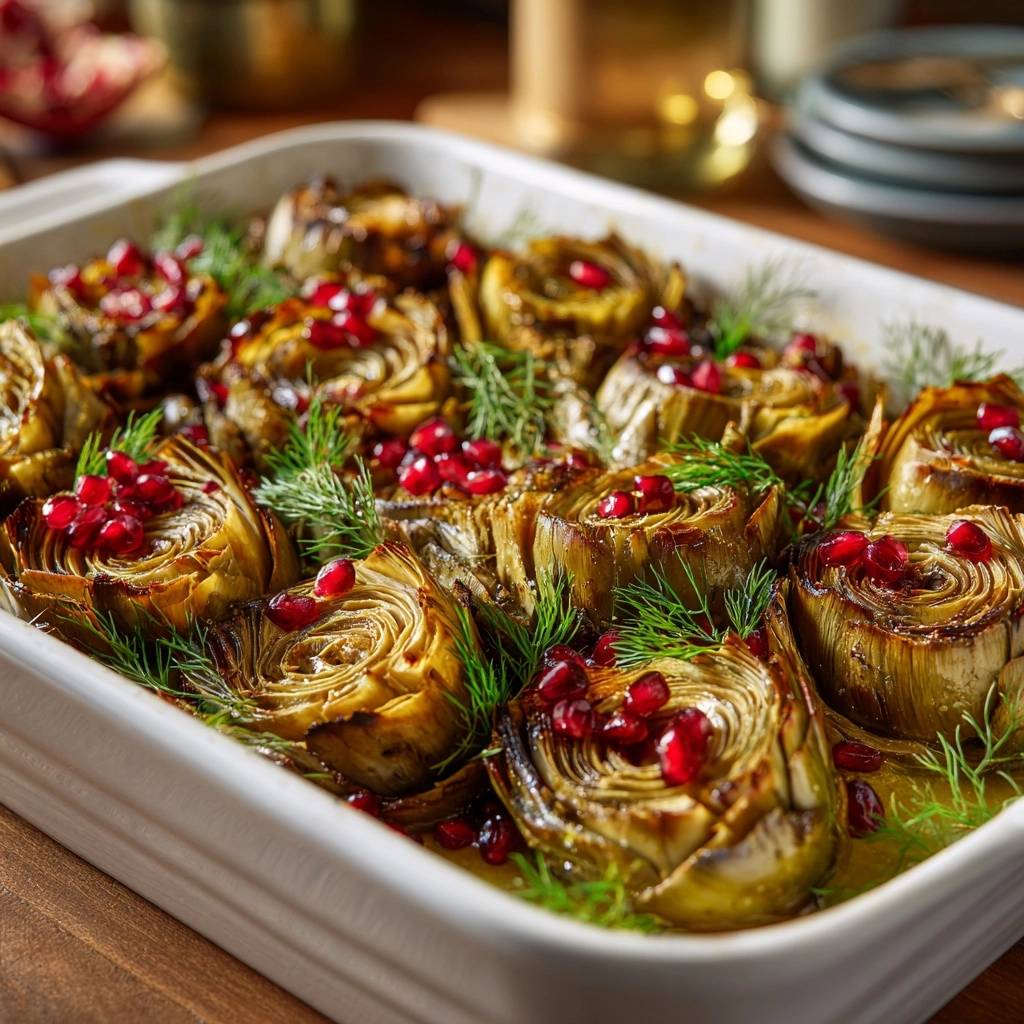 Mediterran Geroestete Artischockenherzen Garniert 1 Mediterran geröstete Artischockenherzen, zart und aromatisch, garniert mit Granatapfelkernen und Dill in einer Auflaufform.