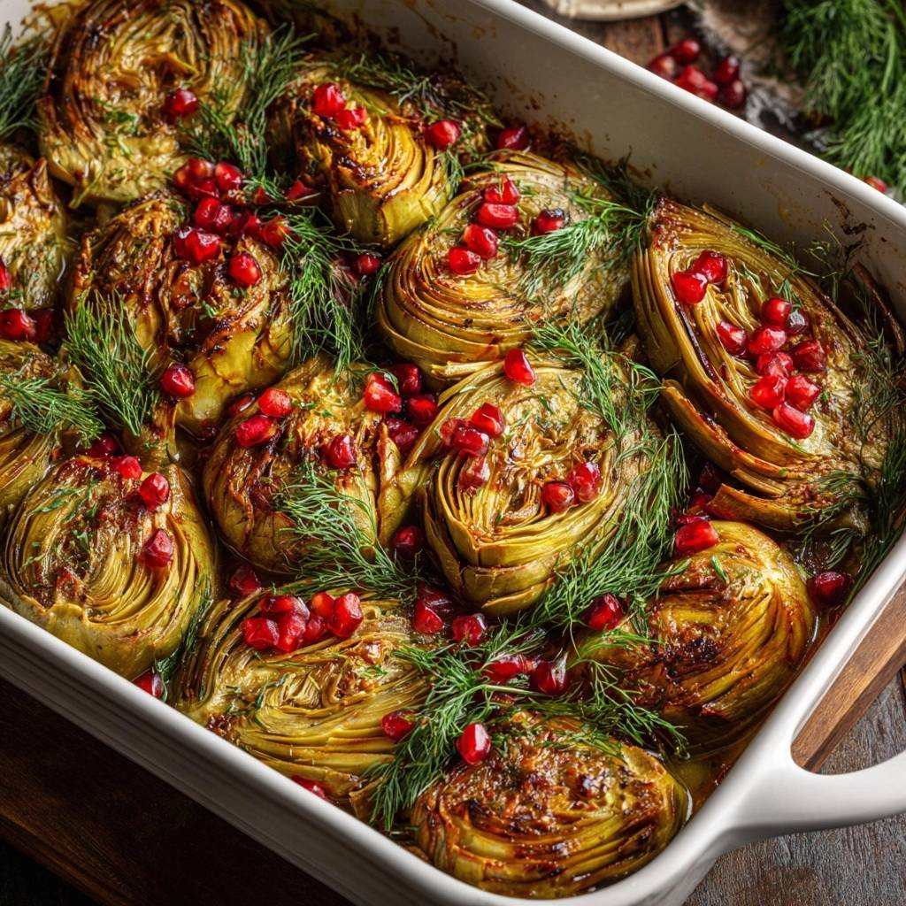 Mediterran geröstete Artischockenherzen, im Ofen gebacken und mit Granatapfelkernen und Dill garniert, Ansicht von oben.