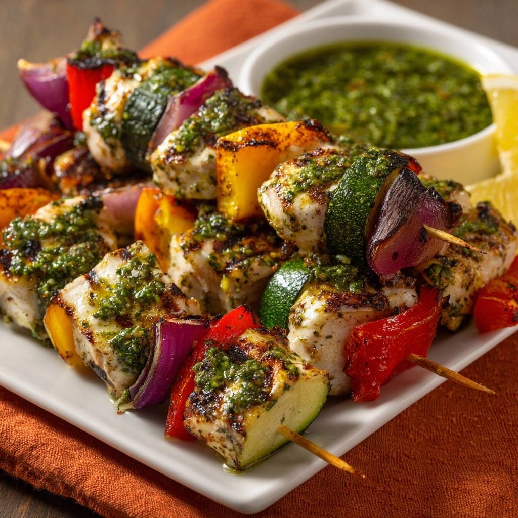 Mediterrane Hähnchen-Gemüse-Spieße mit Salsa Verde, nahaufnahme der gegrillten Spieße mit frischem Gemüse und Kräutersauce.