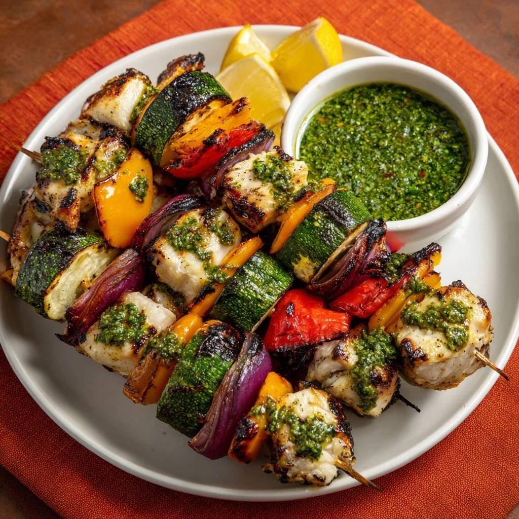 Mediterrane Haehnchen Gemuese Spiesse Mit Salsa Verde Servie 1 Mediterrane Hähnchen-Gemüse-Spieße mit Salsa Verde, serviert mit einem Dip und Zitronenspalten auf einem Teller.