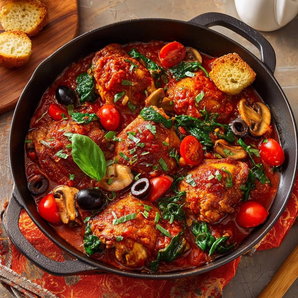 Mediterrane Haehnchenpfanne In Pfanne Serviert 1 Mediterrane Hähnchenpfanne in einer gusseisernen Pfanne serviert, mit Hähnchenstücken, Tomaten, Pilzen und Spinat garniert.
