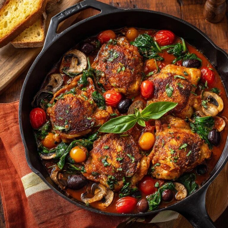 Mediterrane Hähnchenpfanne mit krosser Haut, serviert in einer schwarzen Pfanne mit Tomaten, Oliven und Spinat.