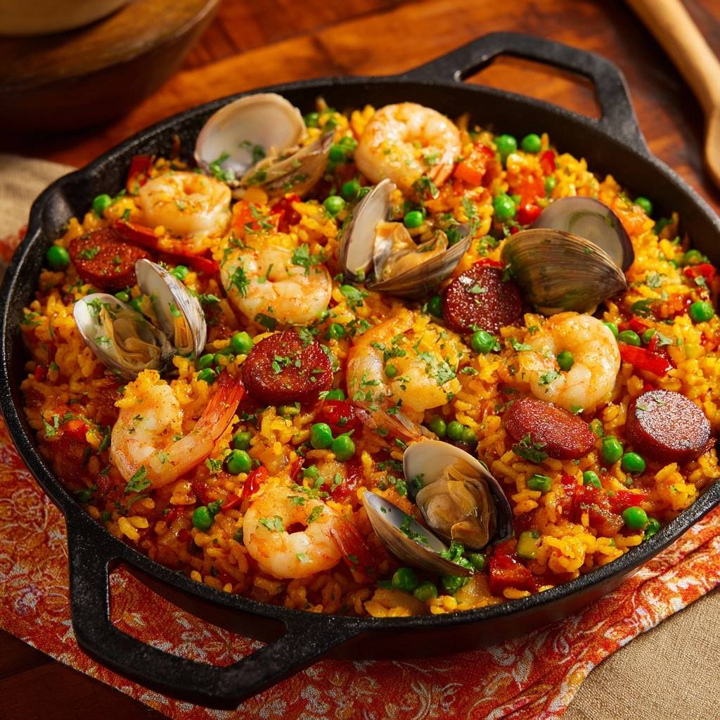Mediterrane Meeresfrüchte-Paella mit Garnelen, Muscheln und Chorizo, detailreich garniert mit frischer Petersilie.