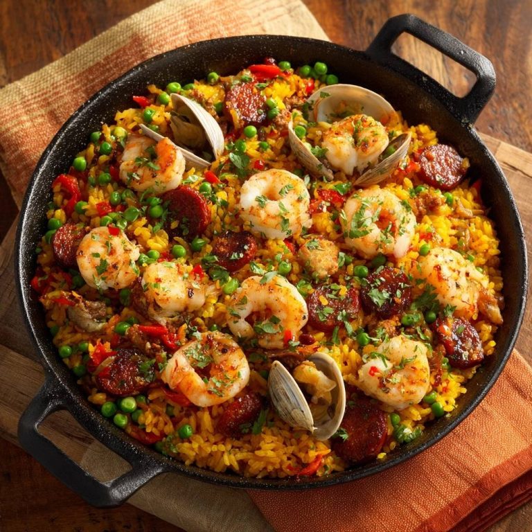 Mediterrane Meeresfrüchte-Paella mit Garnelen und Muscheln, von oben in einer Pfanne serviert, mit Erbsen und Chorizo