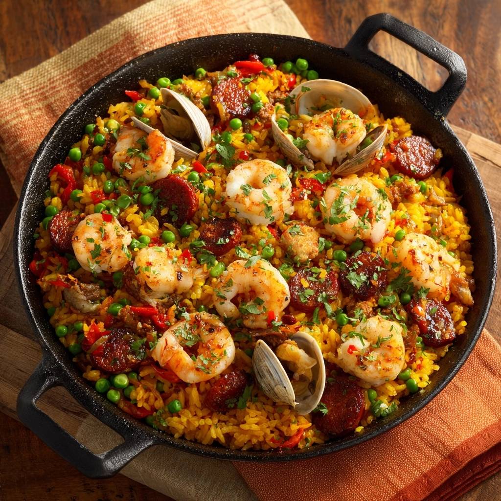 Mediterrane Meeresfrüchte-Paella mit Garnelen und Muscheln, von oben in einer Pfanne serviert, mit Erbsen und Chorizo