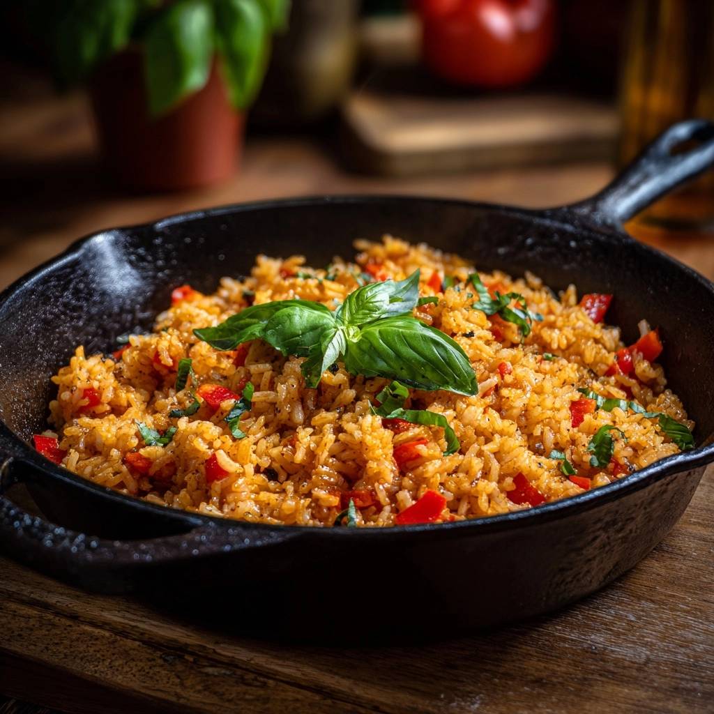 Mediterrane Paprika-Reispfanne mit frischem Basilikum und Paprikastücken in einer Gusseisenpfanne garniert