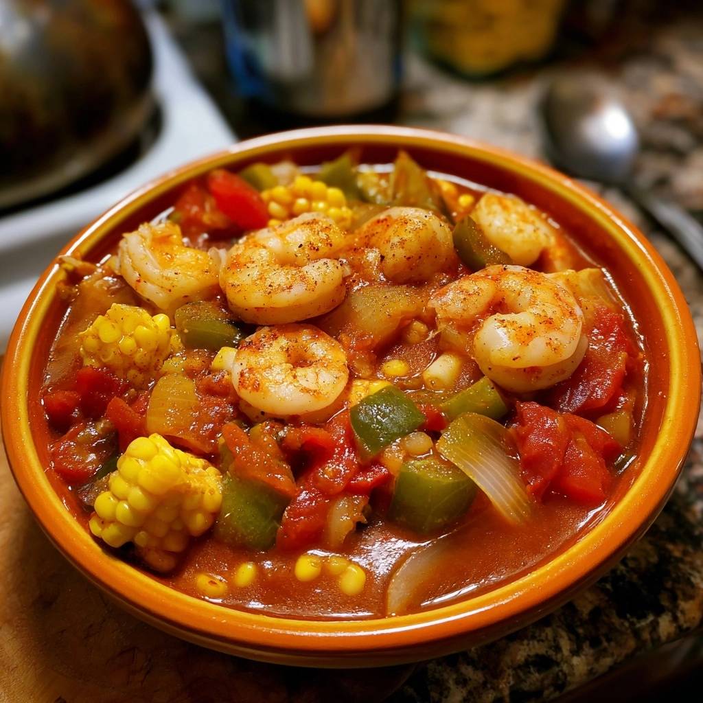 Mediterraner Garnelentopf Nahaufnahme Mit Mais 1 Mediterraner Garnelentopf mit Mais und Kartoffeln als Nahaufnahme mit sichtbaren Garnelen, Maiskolben und Paprika in einer Schüssel.