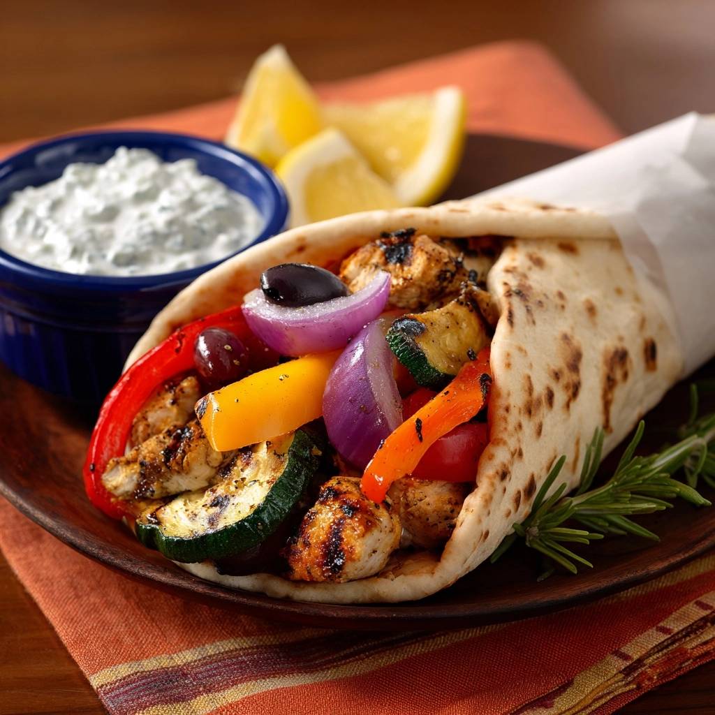 Mediterraner Grill Wrap Mit Haehnchen Nahaufnahme Mit Dip 1 Mediterraner Grill-Wrap mit Hähnchen, nah aufgenommen mit einem Beilagensalat und Dip auf einem Teller.