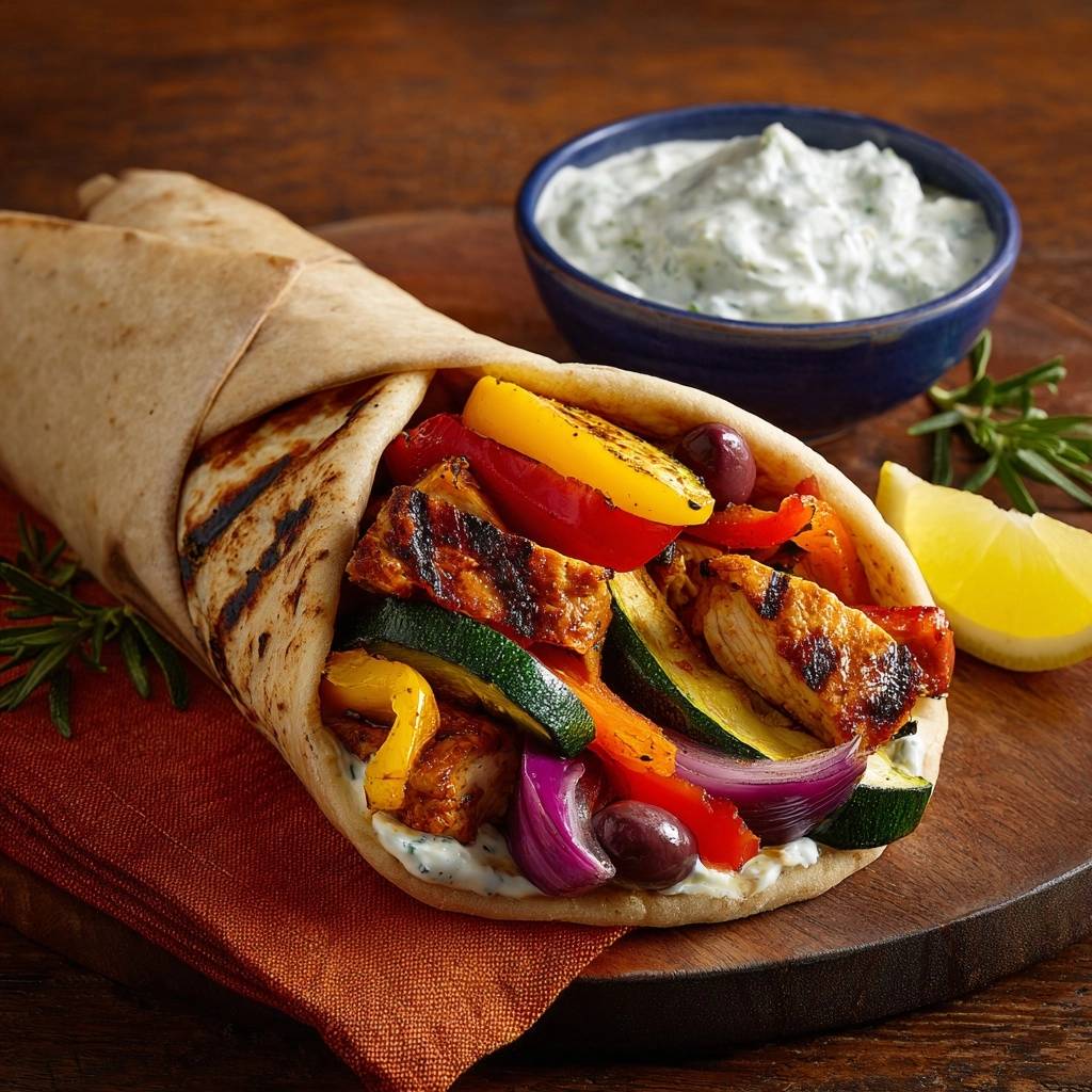 Mediterraner Grill-Wrap mit Hähnchen, Nahaufnahme des saftigen Wraps mit gegrilltem Gemüse und Hähnchenfleisch.