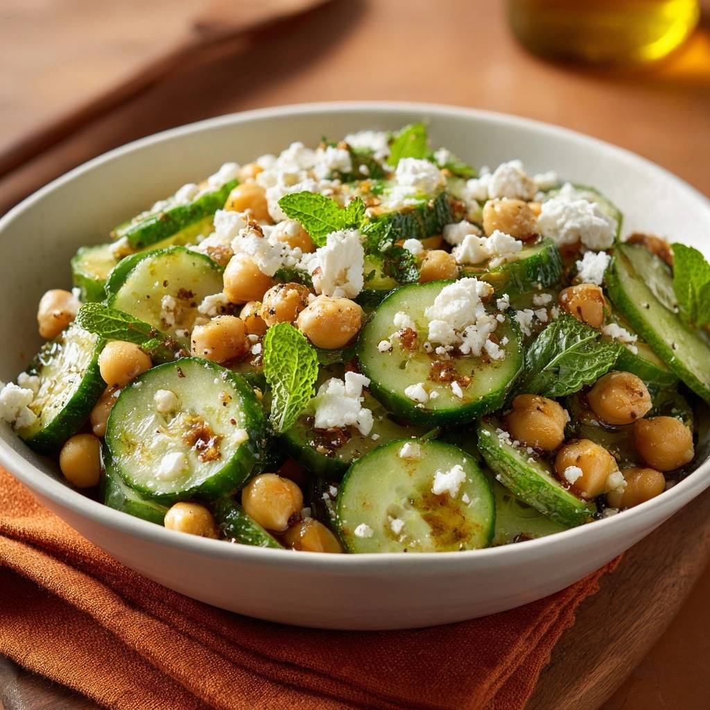 Mediterraner Kichererbsen Gurken Salat Nahaufnahme Feta Minz 1 Mediterraner Kichererbsen-Gurken-Salat mit Feta und Minze, Nahaufnahme der frischen Zutaten und des Dressings.