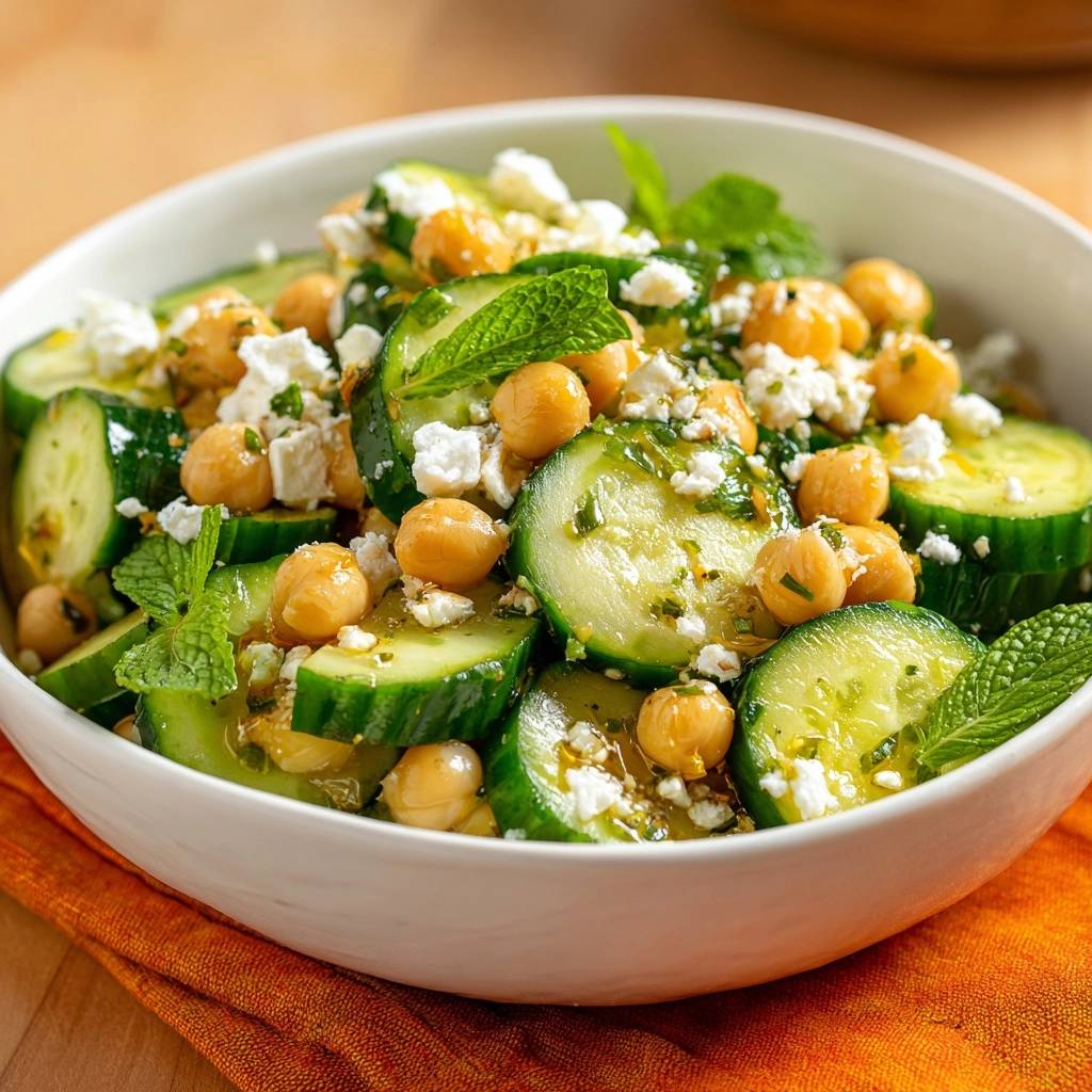 Mediterraner Kichererbsen-Gurken-Salat mit Feta und Minze, nah aufgenommen im weißen Schälchen mit saftigen Gurkenscheiben.