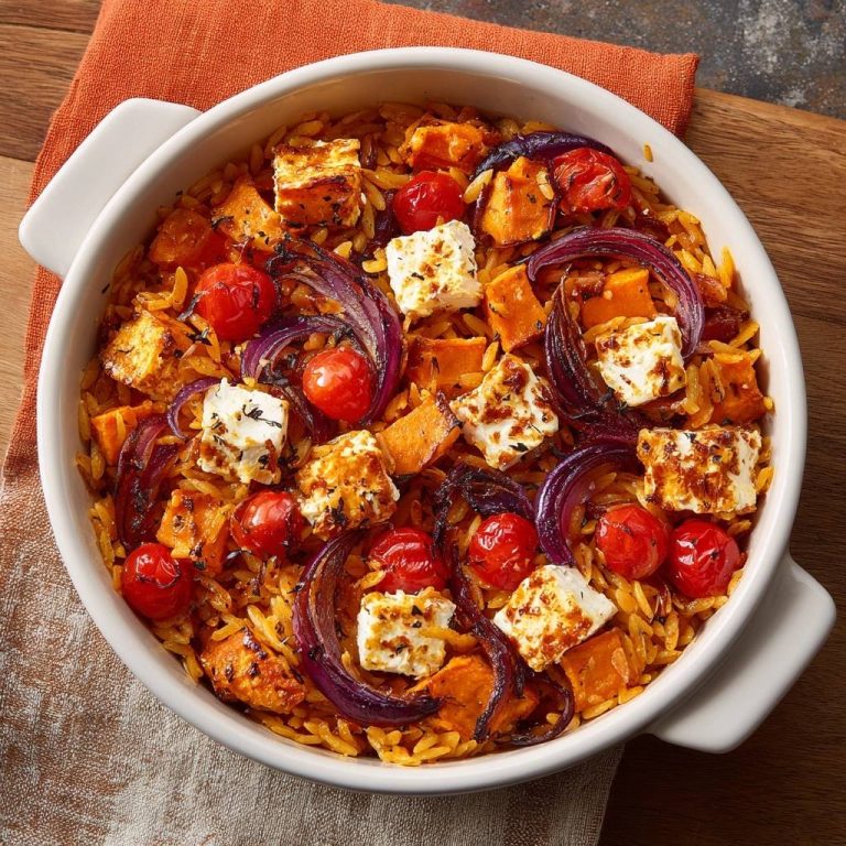 Mediterraner Orzo-Auflauf mit Feta, eine Draufsicht auf das Gericht mit gebackenem Feta, Kirschtomaten und Süßkartoffeln.
