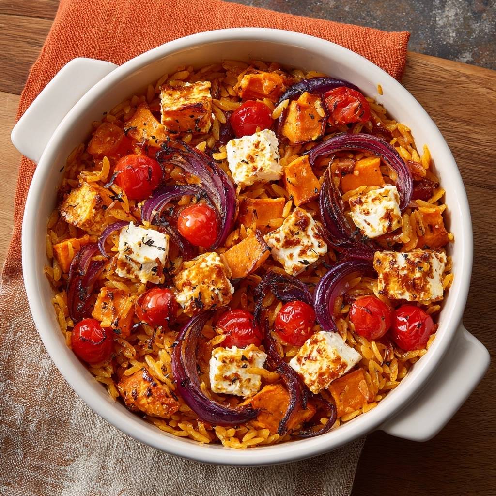 Mediterraner Orzo-Auflauf mit Feta, eine Draufsicht auf das Gericht mit gebackenem Feta, Kirschtomaten und Süßkartoffeln.