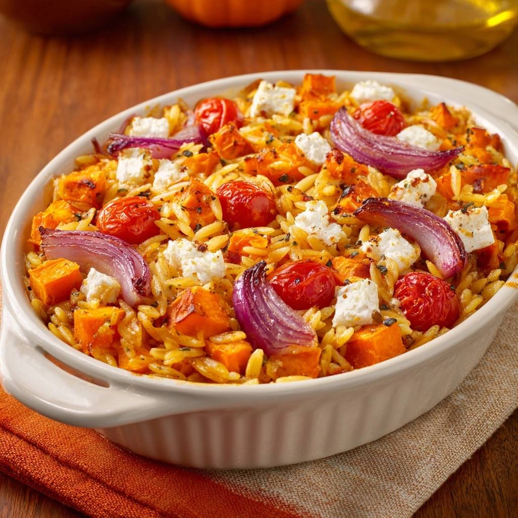 Mediterraner Orzo Auflauf Feta Nahaufnahme 1 Mediterraner Orzo-Auflauf mit Feta, ein gebackener Auflauf mit geröstetem Gemüse und Feta-Käse in einer Auflaufform.