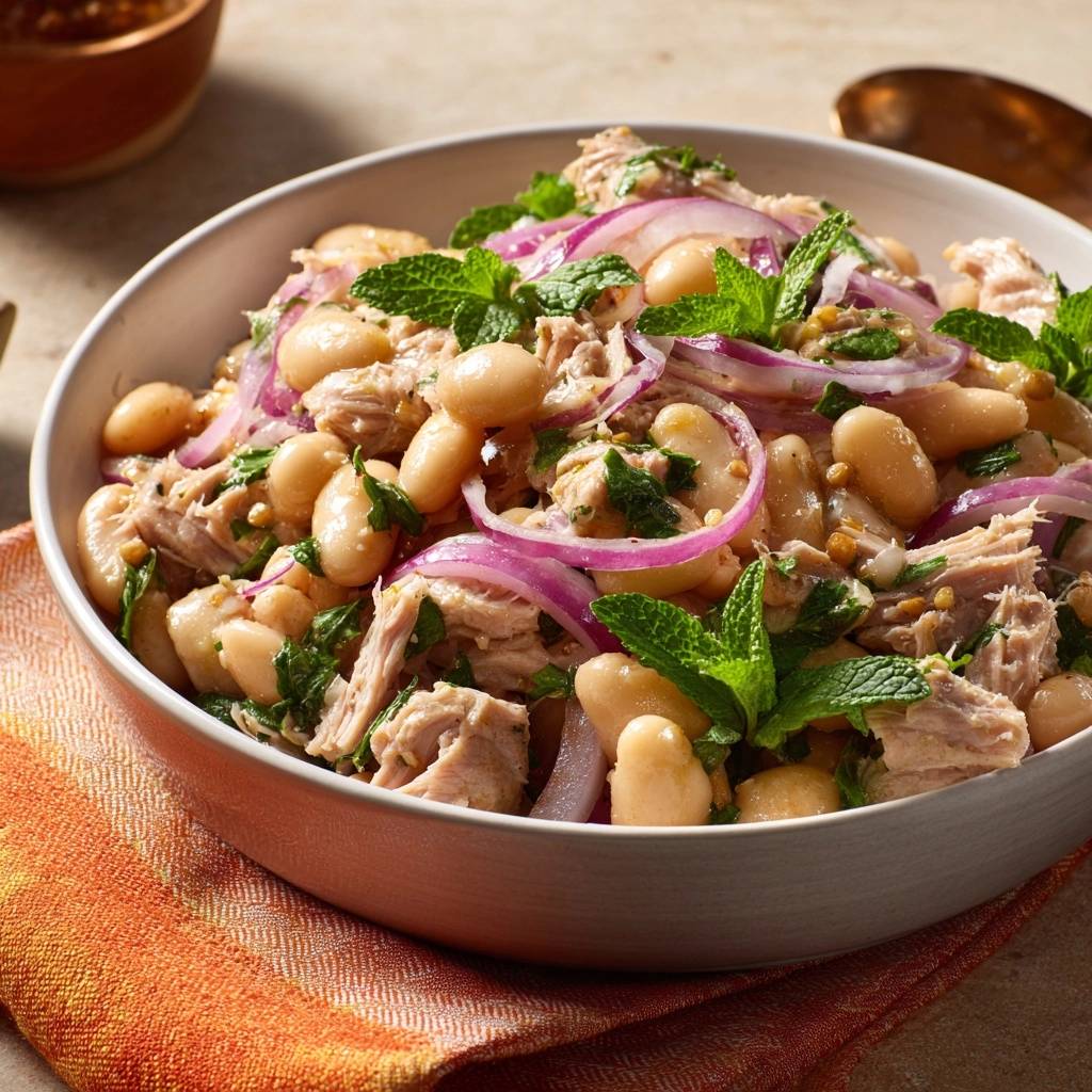 Mediterraner Thunfisch-Bohnen-Salat in einer Schüssel mit roten Zwiebeln und Minze, Nahaufnahme