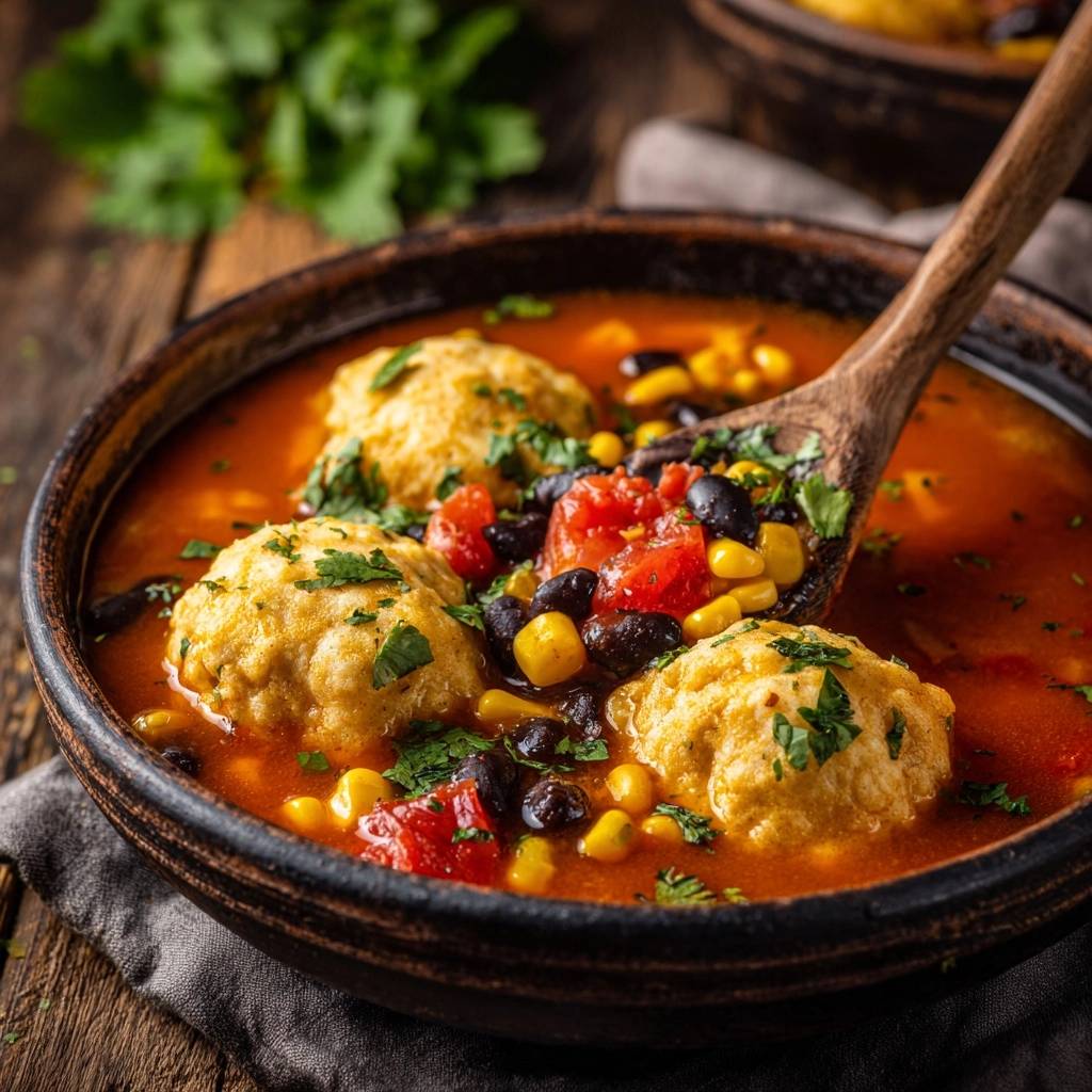 Mexikanischer Maistopf mit fluffigen Dumplings, serviert mit einem Holzloeffel voller Mais, schwarzen Bohnen und Tomaten.