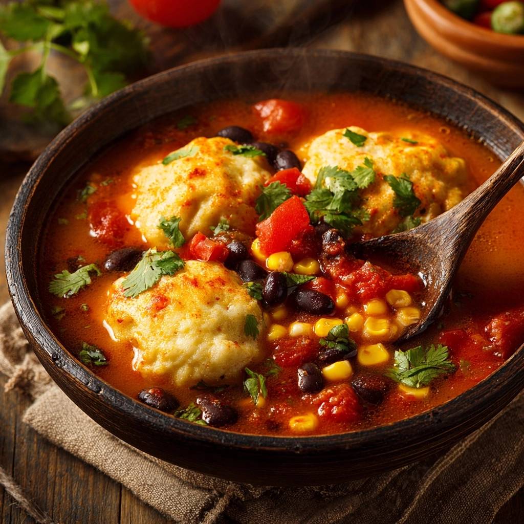 Mexikanischer Maistopf mit fluffigen Dumplings, eine Nahaufnahme mit einem Holzlöffel, zeigt die Textur des Eintopfs.