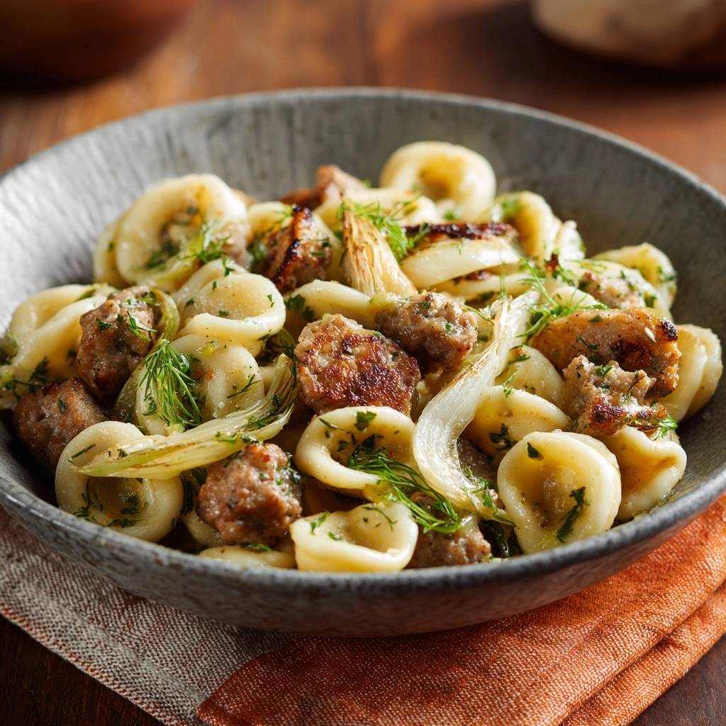 Orecchiette Salsiccia Fenchel Detail Nahaufnahme 1 Orecchiette mit Salsiccia und geröstetem Fenchel, detailreiche Nahaufnahme der Pasta mit Wurst und Fenchelstücken.