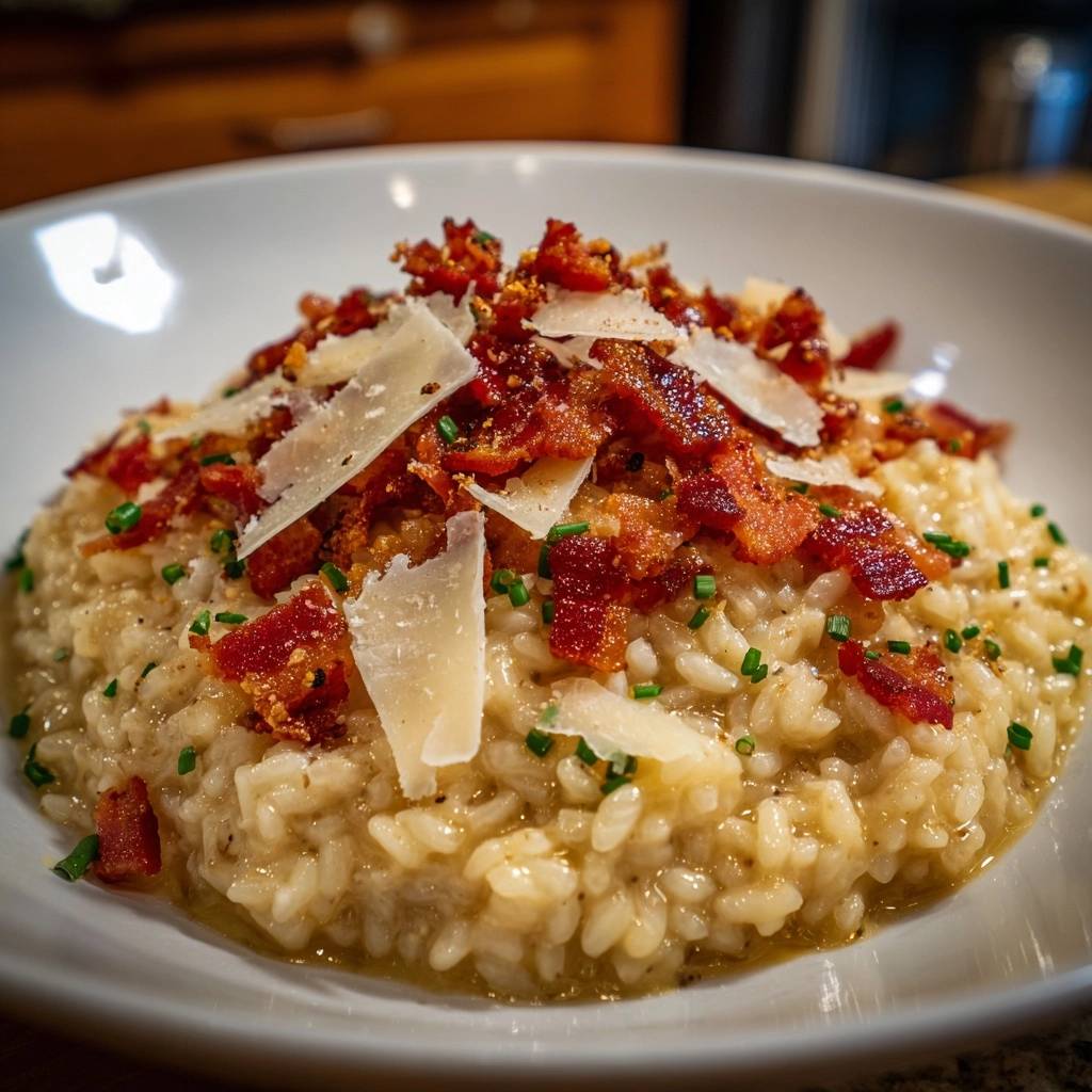 Cremiges Parmesan-Risotto mit krossem Bacon und Parmesanspänen, garniert mit frischen Kräutern.