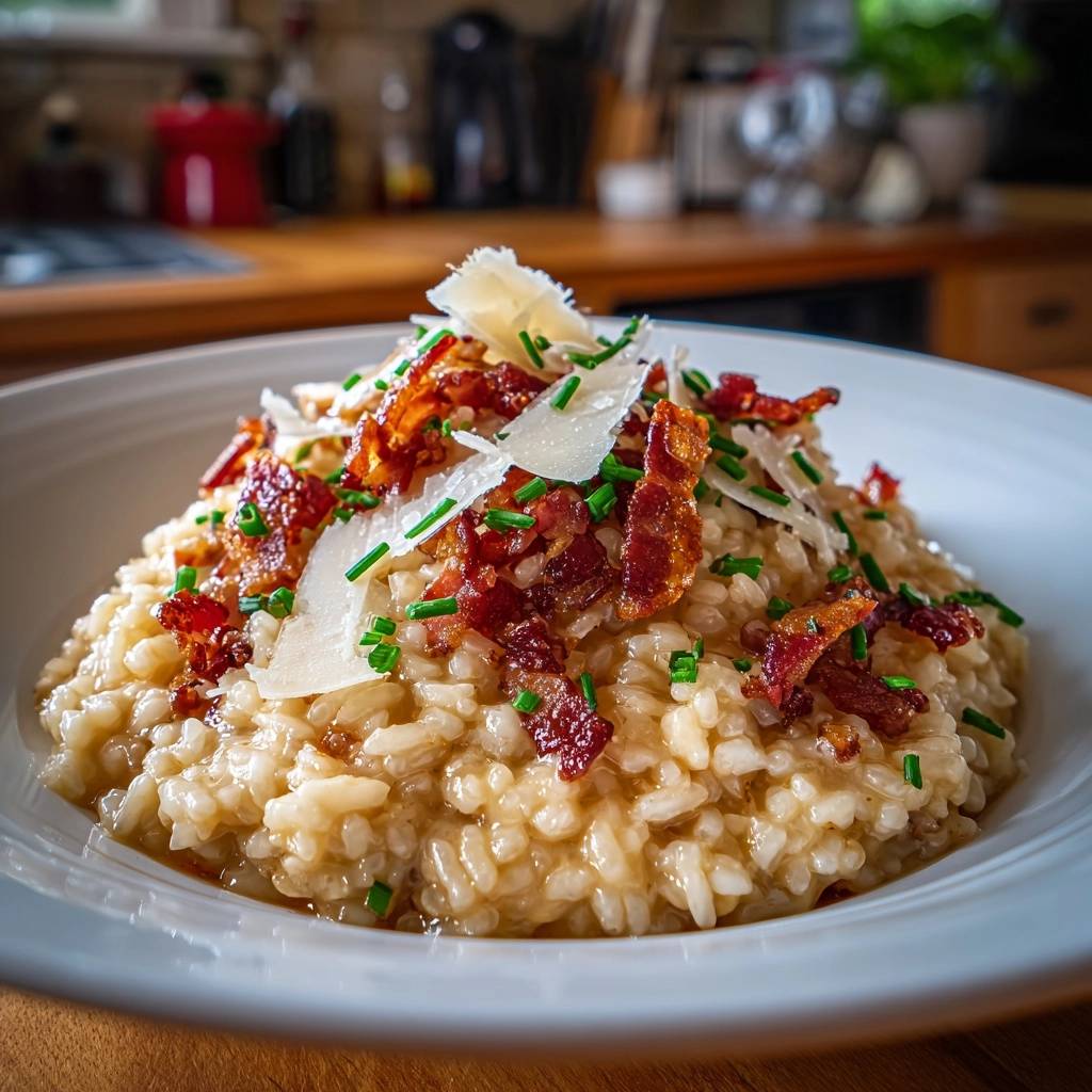 Cremiges Parmesan-Risotto mit krossem Bacon, garniert mit Parmesanspänen und Schnittlauch, aus der Nähe betrachtet
