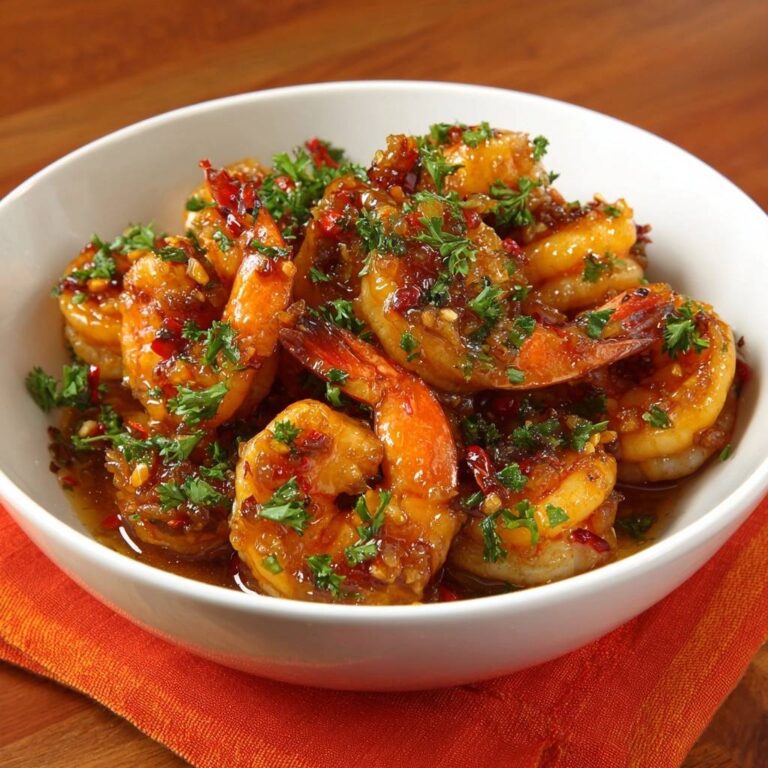 Pikante Knoblauch-Chili-Garnelen in einer Schüssel, mit Petersilie und Chili garniert, Nahaufnahme der glasierten Garnelen.