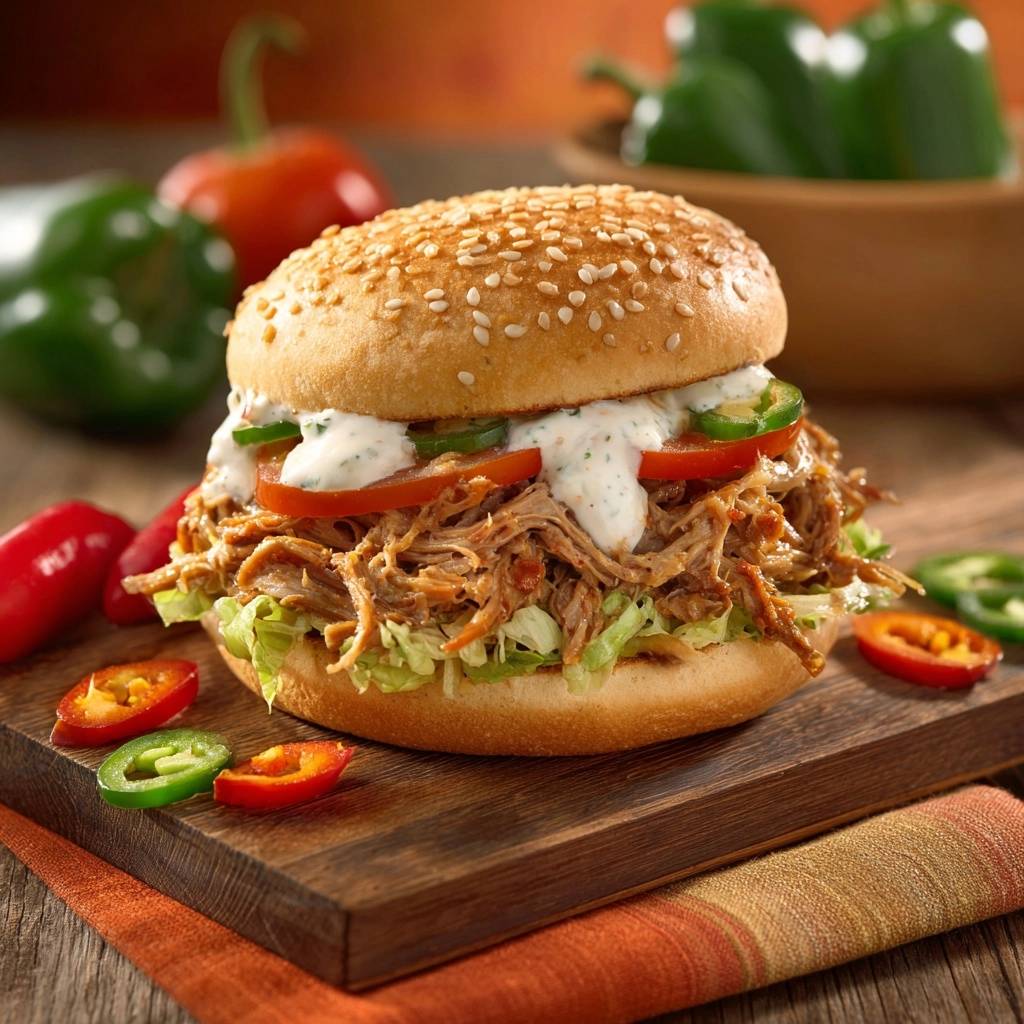 Pulled Beef Burger Detail Garniert 1 Saftiger Pulled Beef Burger mit Jalapenos, Tomaten und Sauce, nahaufnahme der Garnitur