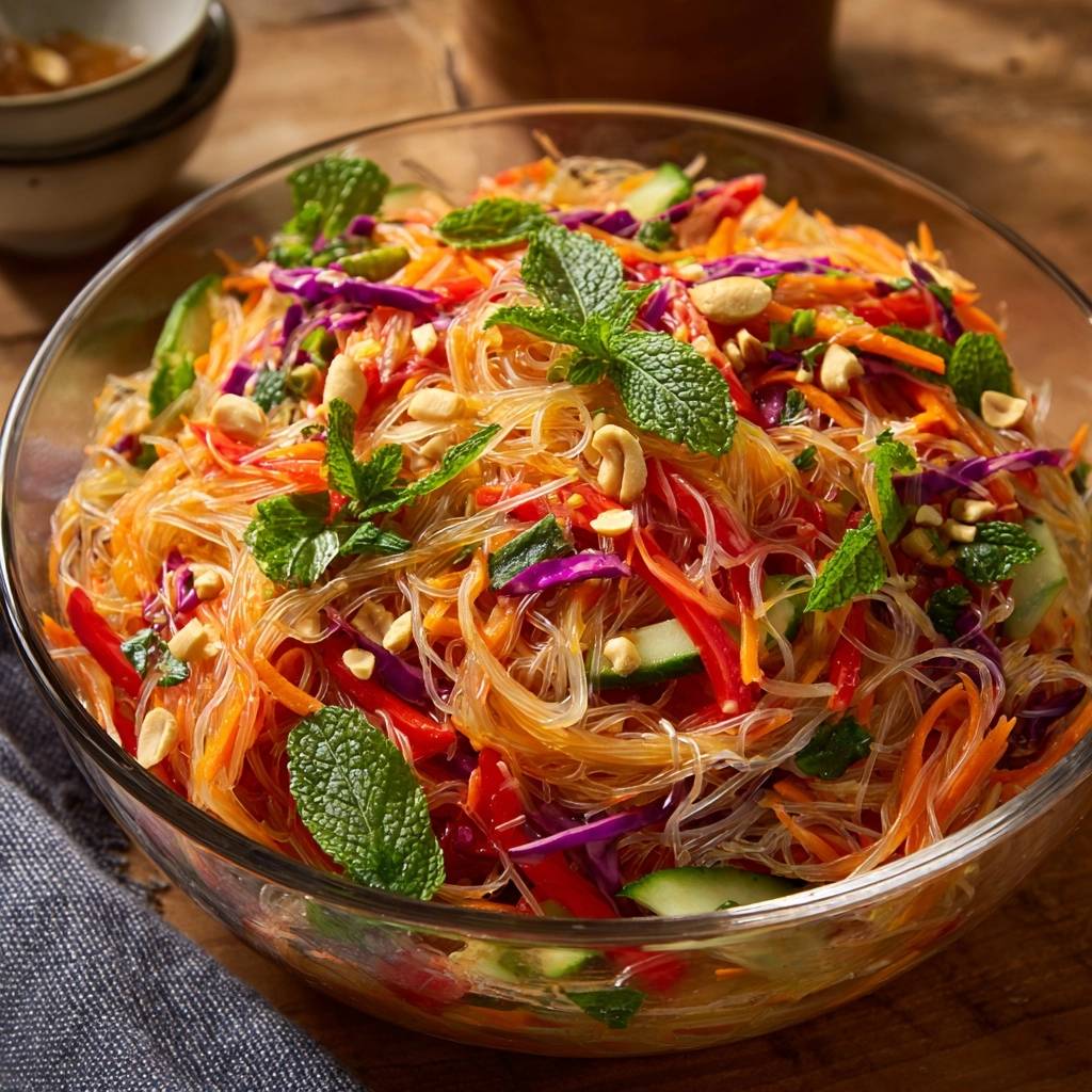 Regenbogen Glasnudelsalat Detail Garnitur 1 Regenbogen Glasnudelsalat mit frischen Minzblättern und gerösteten Erdnüssen, Nahaufnahme der bunten Zutaten.