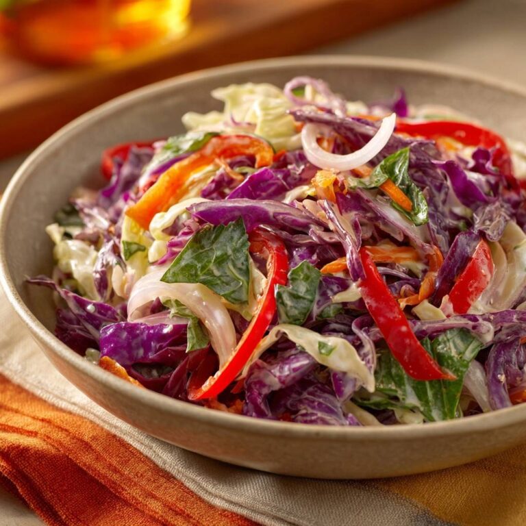 Knackiger Regenbogen-Krautsalat in einer Schüssel, Nahaufnahme mit bunten Gemüsestreifen und cremiger Sauce.