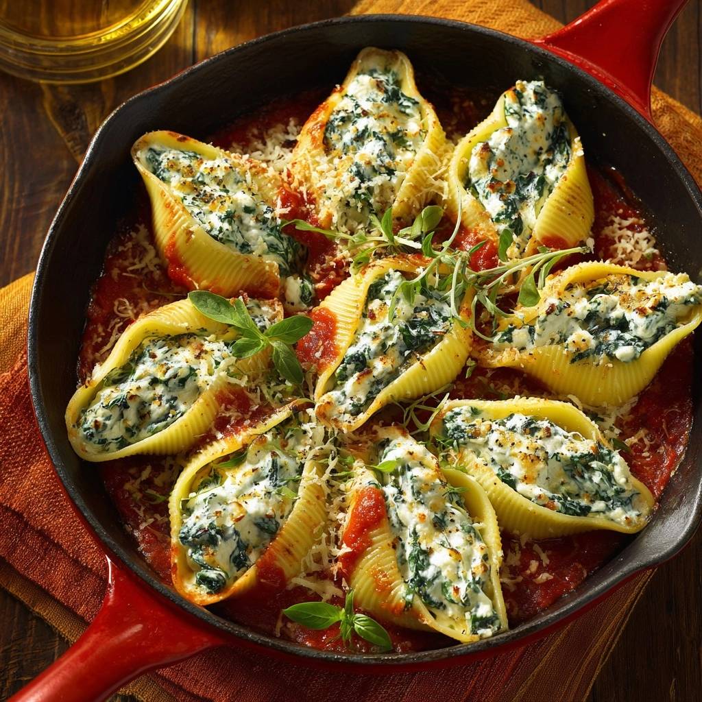 Ricotta-Spinat-Muscheln aus dem Ofen, serviert in einem roten Gusseisen-Krug mit frischen Kräutern garniert.
