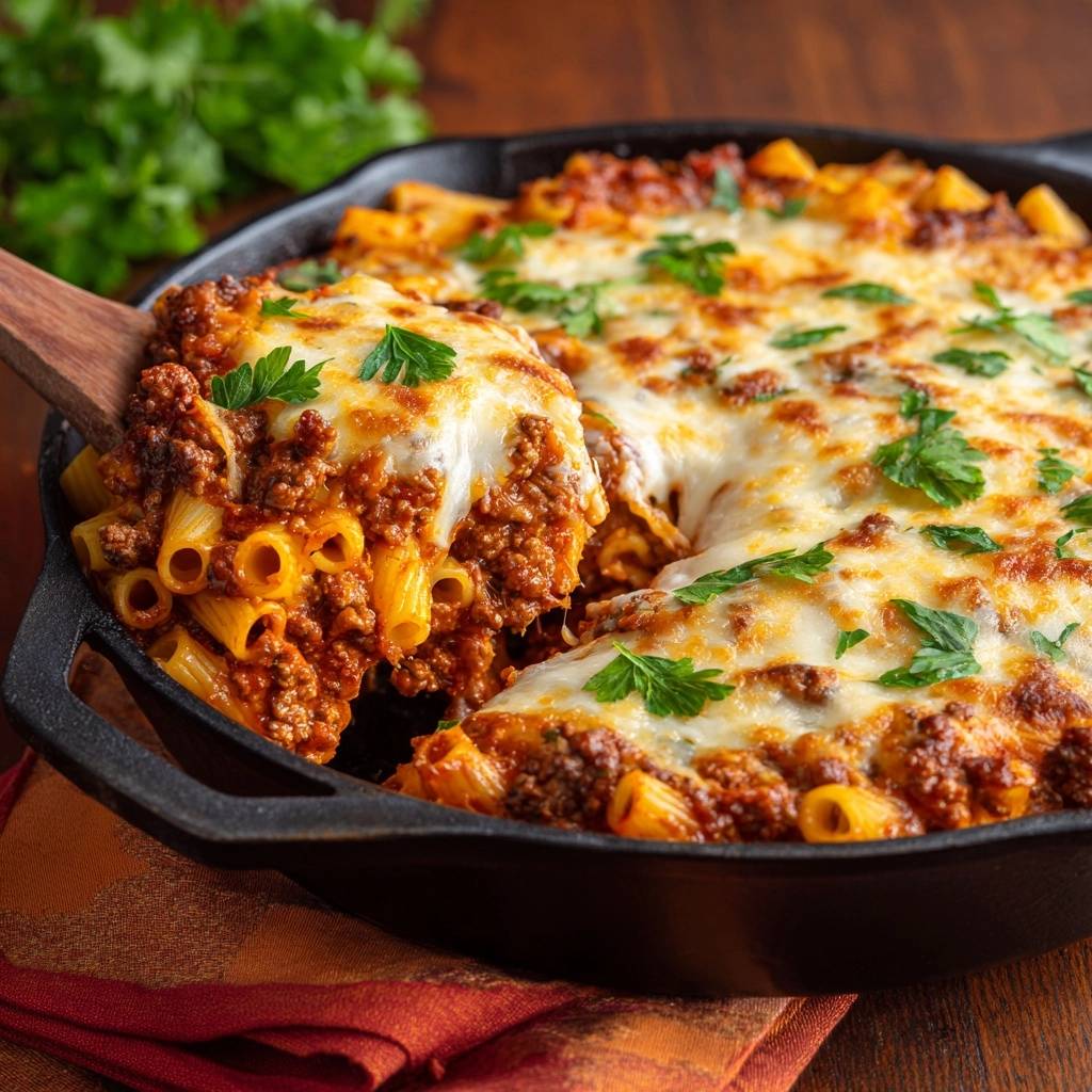 Rigatoni Auflauf Aus Der Pfanne Angeschnitten 1 Herzhafter Rigatoni-Auflauf aus der Pfanne, angeschnitten mit einem Holzlöffel, der geschmolzenen Käse zeigt.