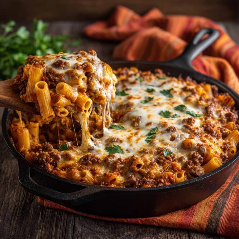 Herzhafter Rigatoni-Auflauf aus der Pfanne, heiss mit geschmolzenem Käse aus einer Gusseisenpfanne geschöpft