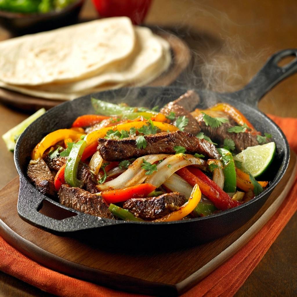 Saftige Rinder-Fajitas aus der Gusseisenpfanne, heiss und dampfend mit Paprika, Zwiebeln und Limette serviert.