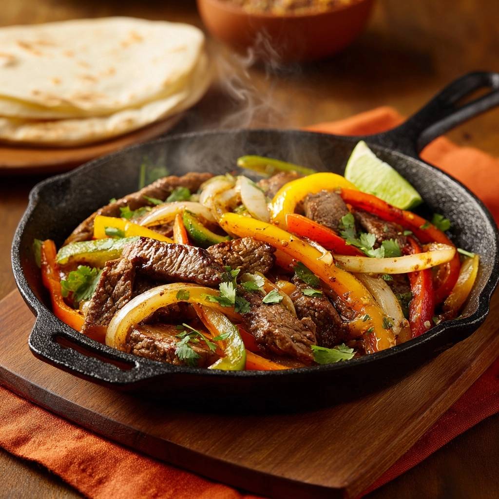 Rinder Fajitas Gusseisenpfanne Dampfend 1 Saftige Rinder-Fajitas aus der Gusseisenpfanne, dampfend mit Paprika und Zwiebeln, garniert mit Koriander