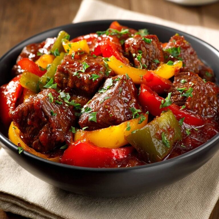 Herzhaftes Rinder-Gulasch mit Paprika in einer schwarzen Schüssel, Nahaufnahme der Textur und Garnitur