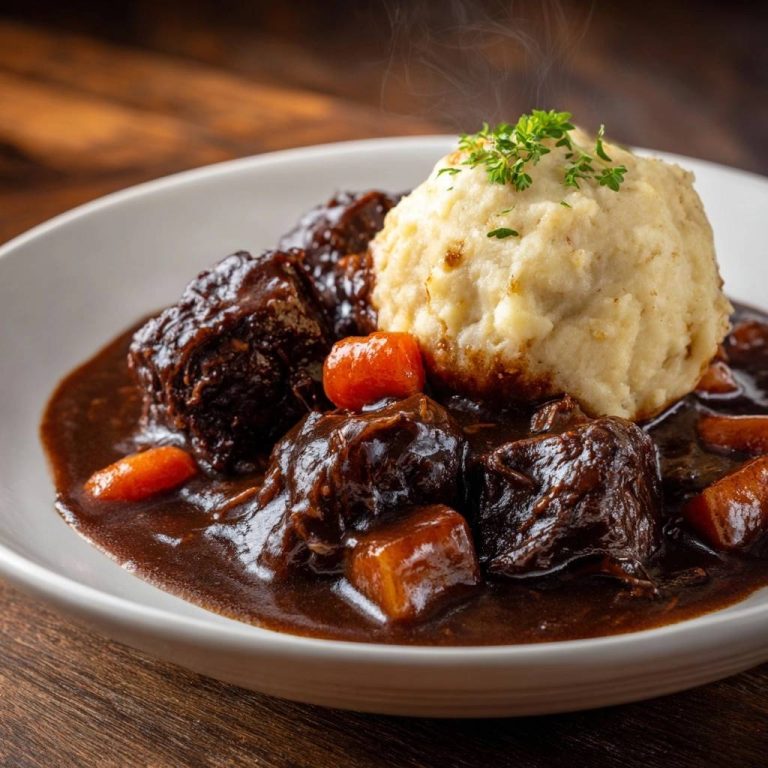 Zartes Rindergulasch mit Kartoffelklößen, eine Nahaufnahme mit Dampf, der über dem Gericht aufsteigt.