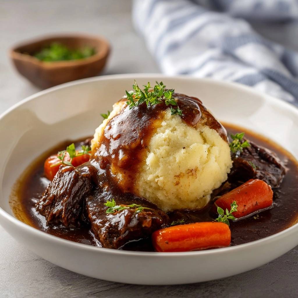 Rindergulasch Mit Kartoffelkloessen Serviert Mit Karotten Un 1 Zartes Rindergulasch mit Kartoffelklößen und Karotten, serviert mit frischen Kräutern in einer tiefen Schüssel.