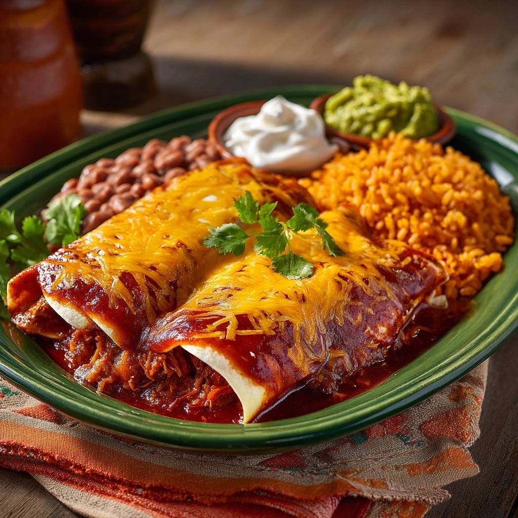 Herzhafte Rindfleisch Enchiladas serviert mit Bohnen, Reis, Guacamole und Sauerrahm auf einem grünen Teller.
