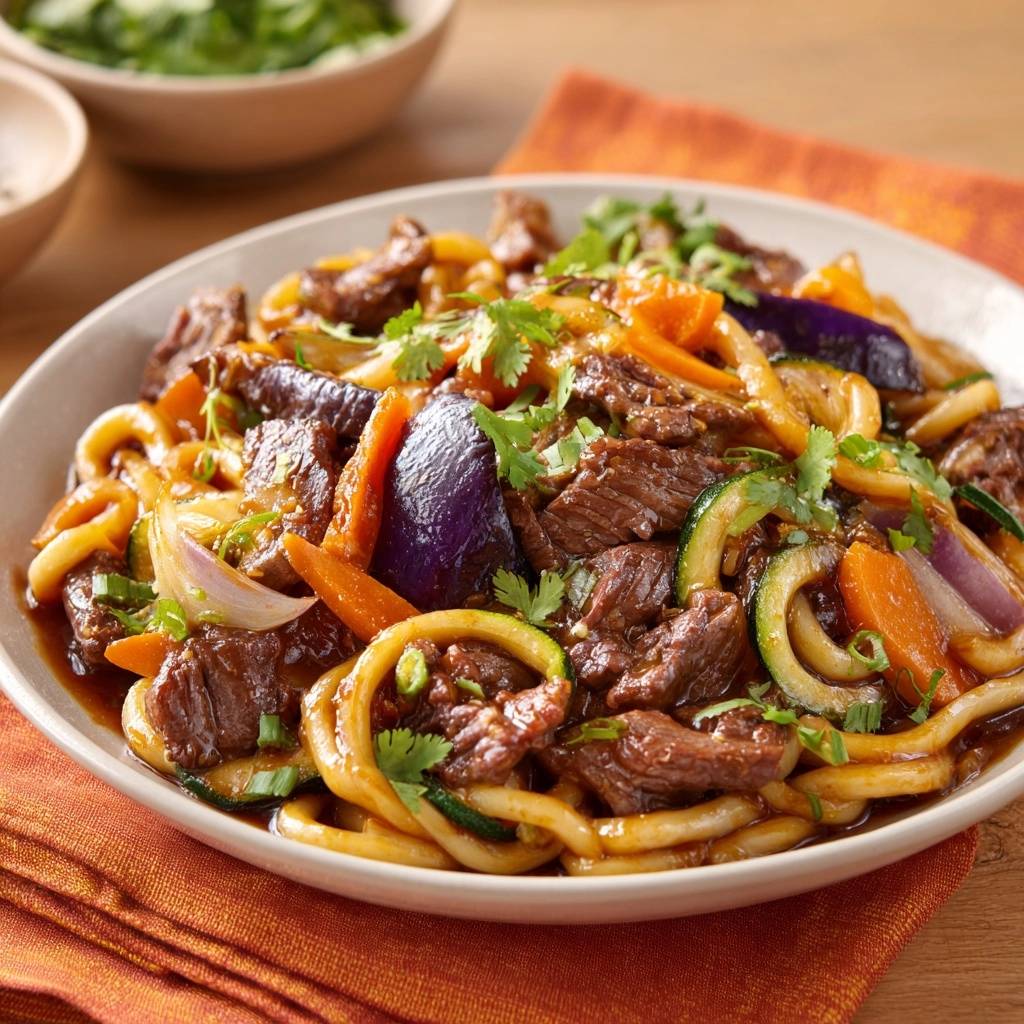 Rindfleisch Udon Pfanne Nahaufnahme Gemuese 1 Herzhafte Rindfleisch-Udon-Pfanne nahaufnahme mit sichtbarem Gemüse wie Auberginen und Karotten.