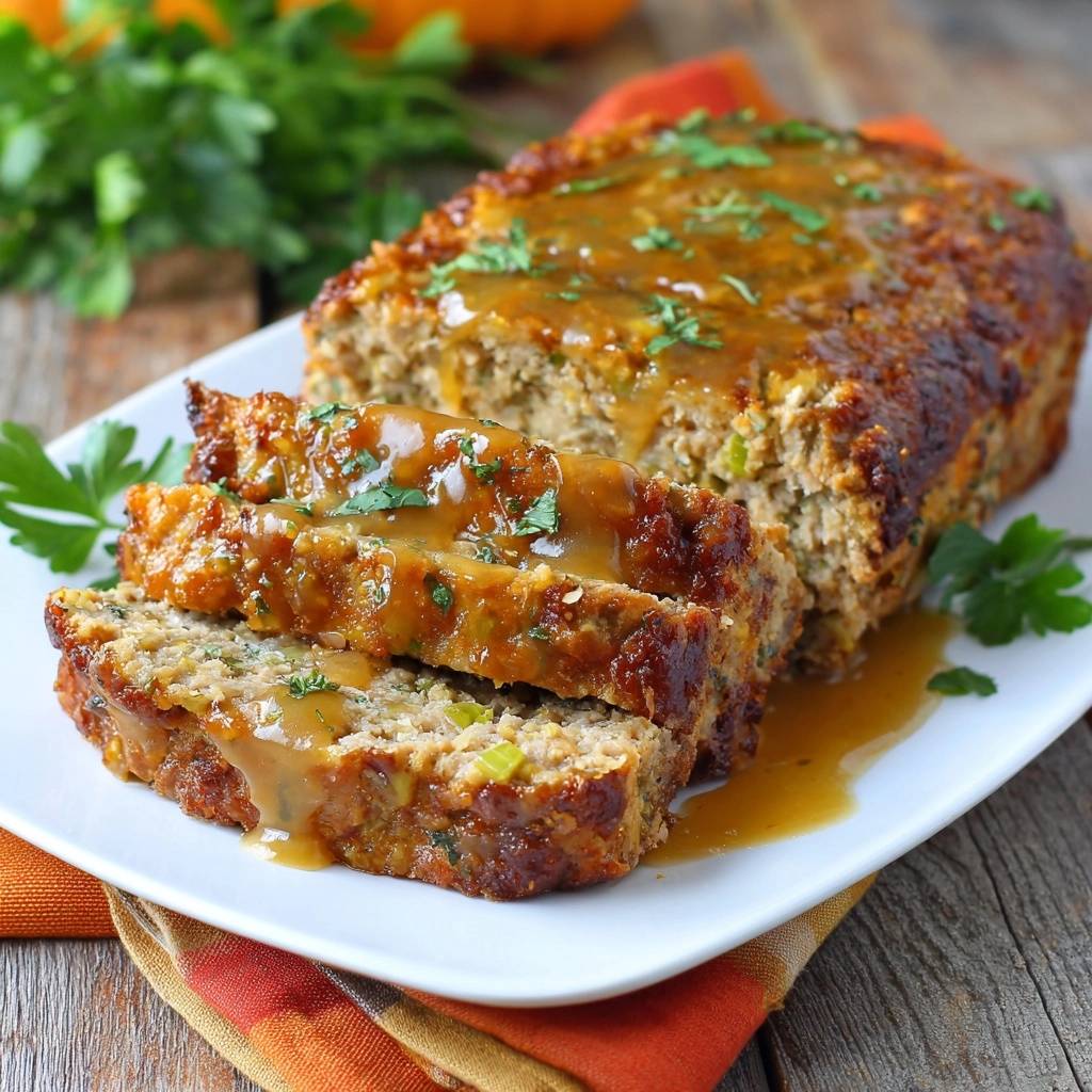 Saftiger Hackbraten mit Glanz-Glasur, angeschnitten und mit einer köstlichen Sauce übergossen, auf einem weißen Teller serviert.