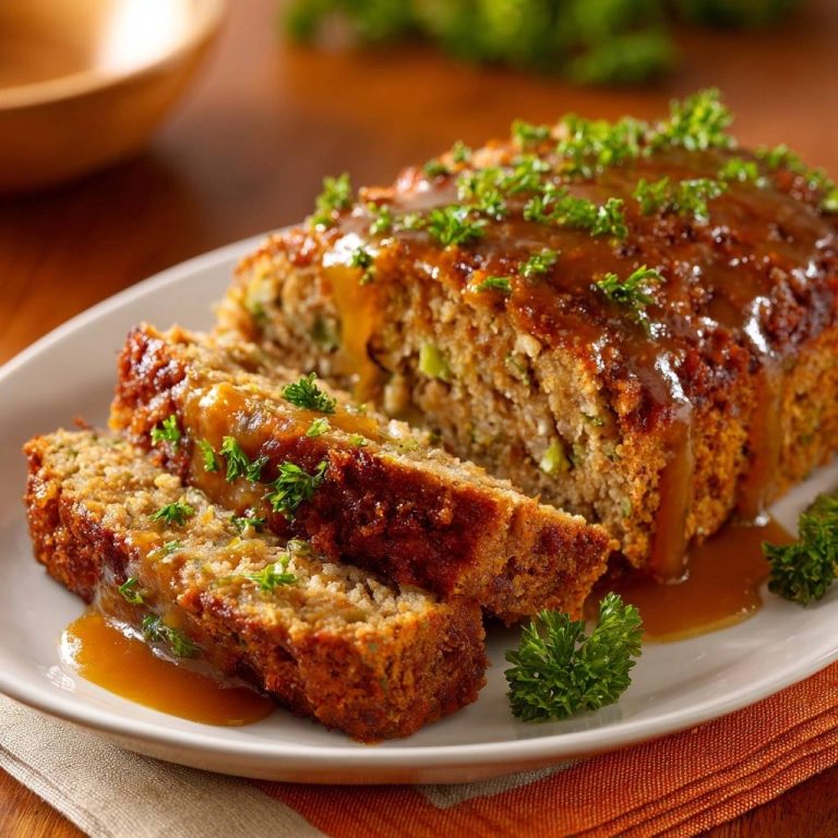 Saftiger Hackbraten mit Glanz-Glasur, angeschnitten mit zwei Scheiben und üppiger Sauce auf einem Teller.