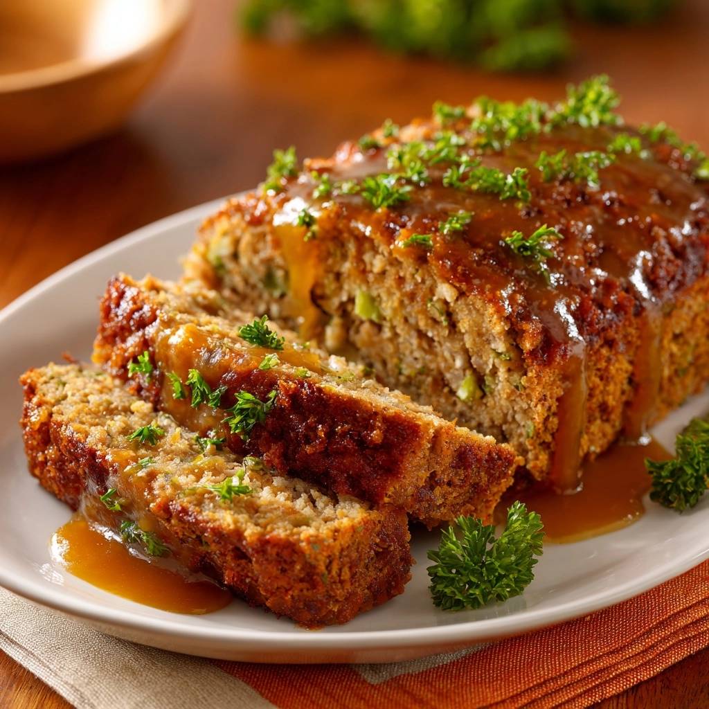 Saftiger Hackbraten mit Glanz-Glasur, angeschnitten mit zwei Scheiben und üppiger Sauce auf einem Teller.