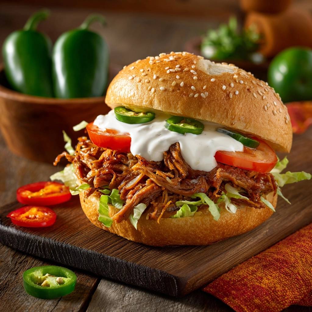 Saftiger Pulled Beef Burger mit Sour Cream und Jalapeños, nahaufnahme garniert mit frischen Zutaten