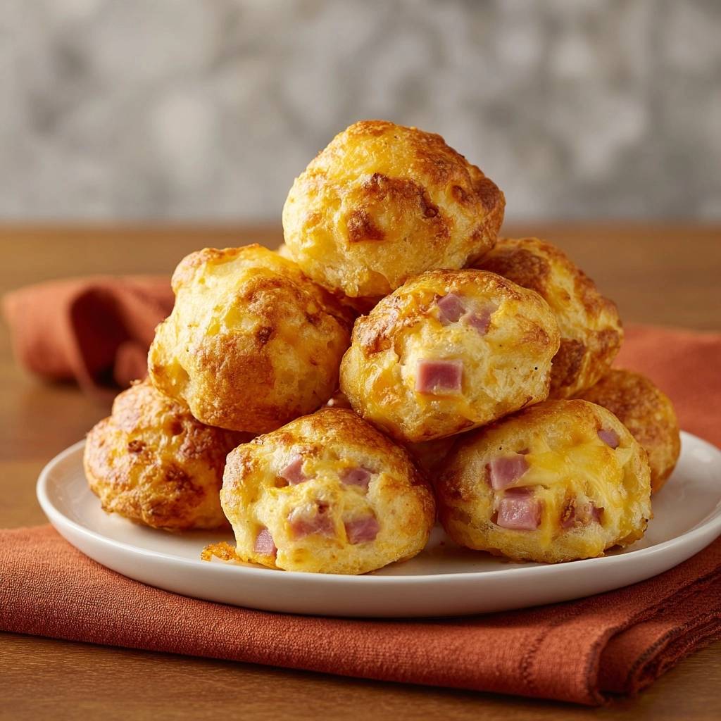 Herzhafte Schinken-Käse-Bällchen, gestapelt auf einem weißen Teller, mit sichtbaren Schinkenwürfeln und geschmolzenem Käse.