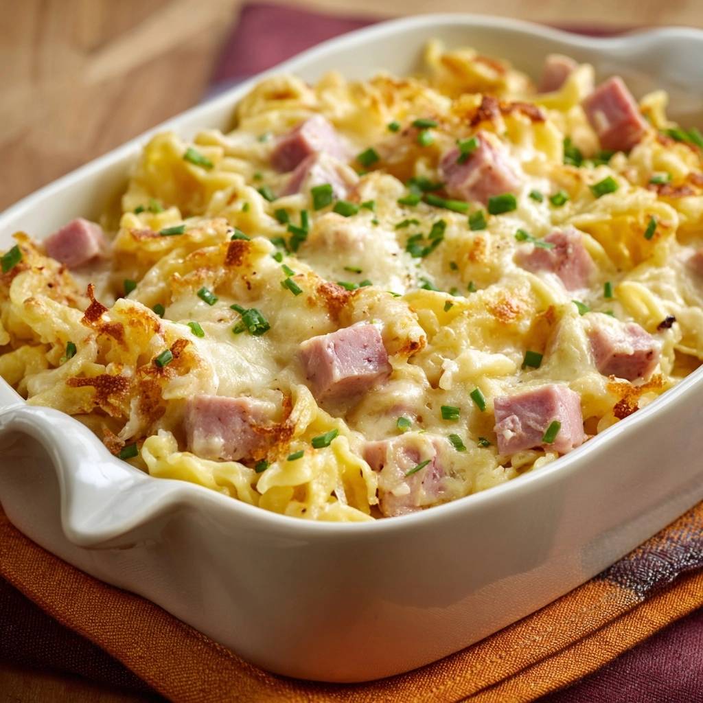 Schinken Nudel Auflauf Nahaufnahme Garniert 1 Cremiger Schinken-Nudel-Auflauf mit Käse und frischen Kräutern, nahaufnahme des garnierten Gerichts