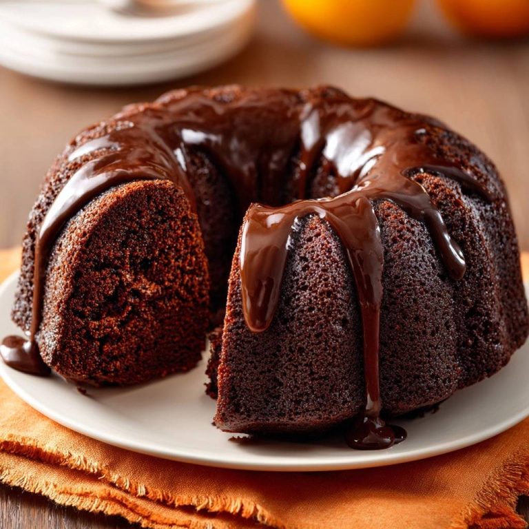 Saftiger Schokoladen-Gugelhupf angeschnitten mit glänzender Schokoladenglasur, die auf dem Kuchen heruntertropft.