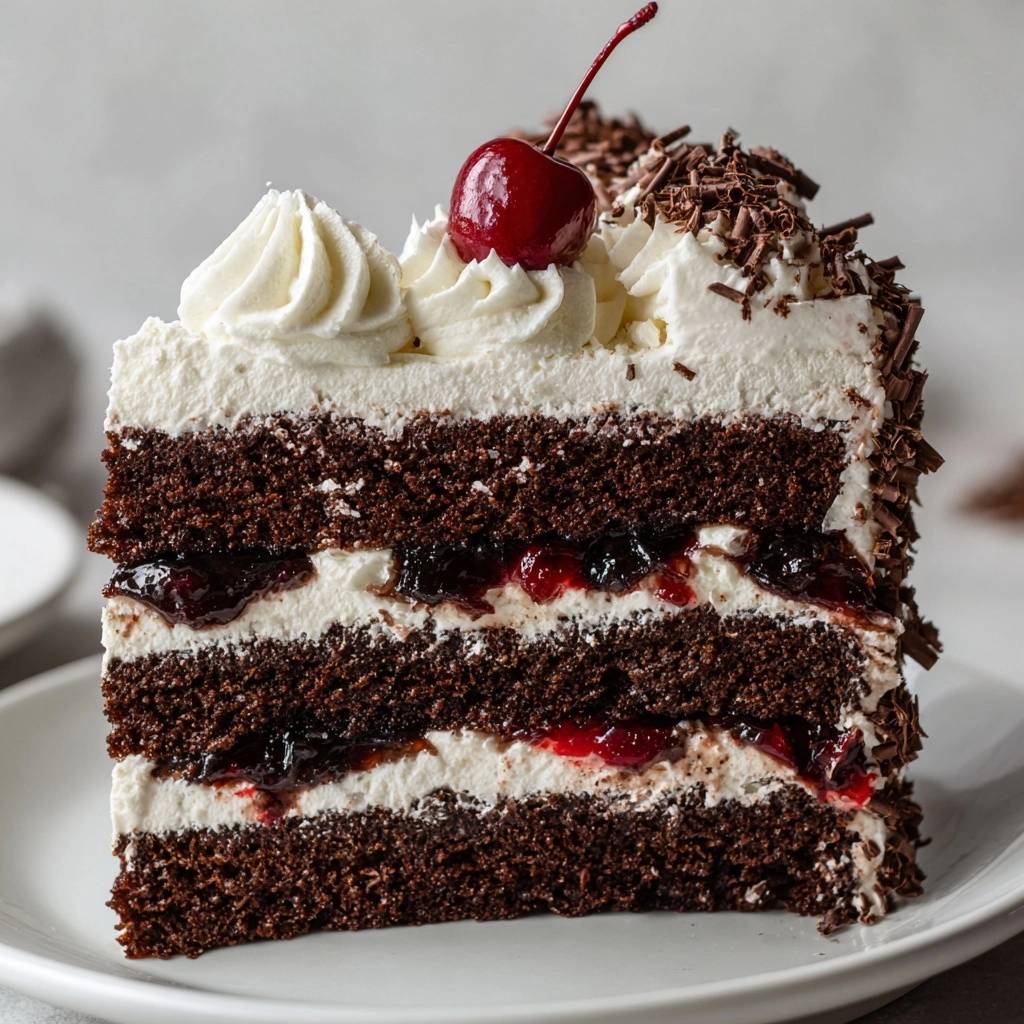 Schwarzwlder Kirschtorte Angeschnitten 1 Schwarzwälder Kirschtorte angeschnitten auf einem Teller, mit Kirschen und Sahne geschichtet und Schokoladenraspeln garniert.