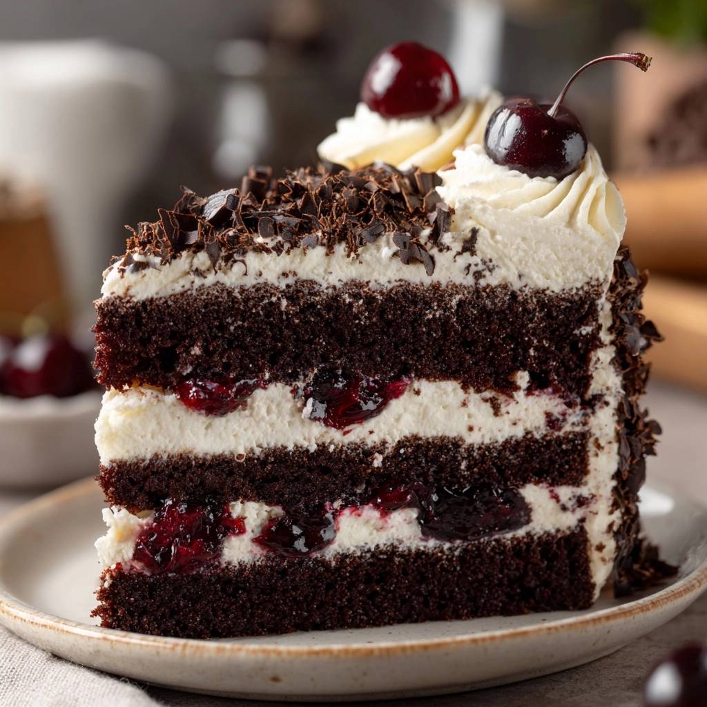 Schwarzwälder Kirschtorte angeschnitten auf einem Teller, mit Sahne, Kirschen und Schokoladenraspeln dekoriert